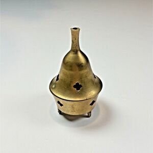 Solid Brass Incense Holder Cone Ash Catcher Lidded Indian Boho Altar Decor Vtg